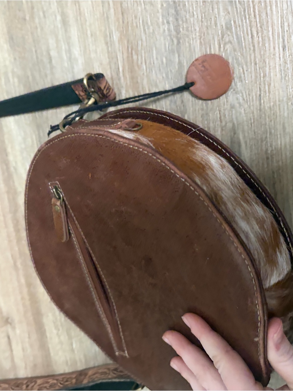Myra Bag Round Tooled Leather Crossbody in Brown and White - Picture 4 of 6